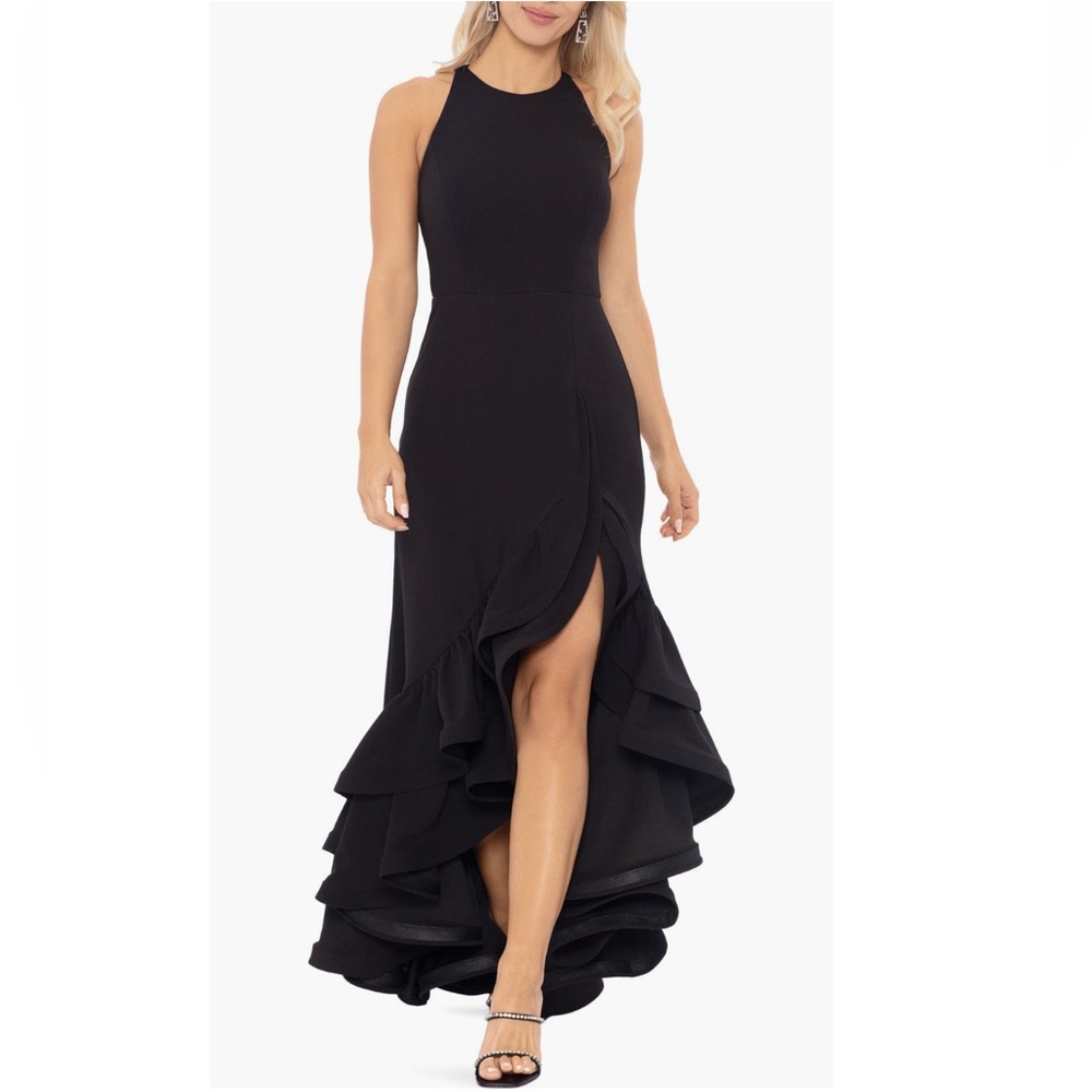 Betsy & Adam Black Halter Neck Crepe Gown With Cascading Ruffles - Reemoly